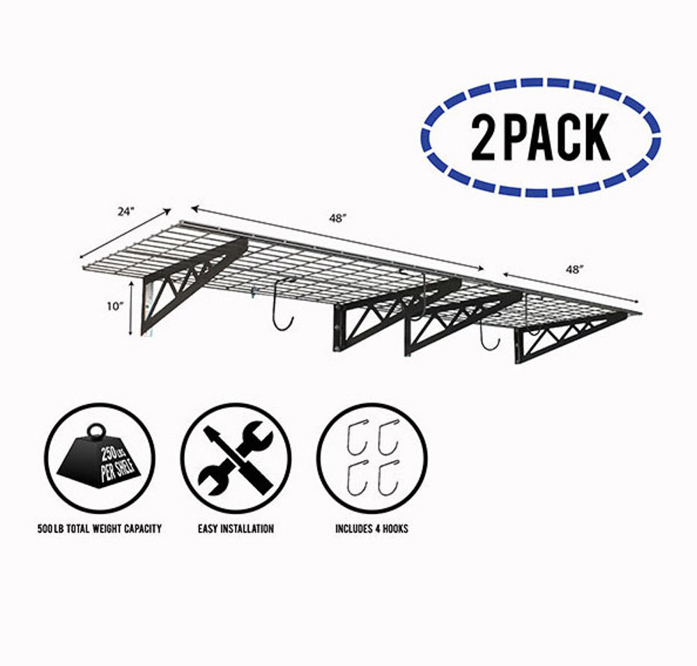 MonsterRax 18 x 48 Wall Shelves (2pk) - Bonus Accessory Hooks