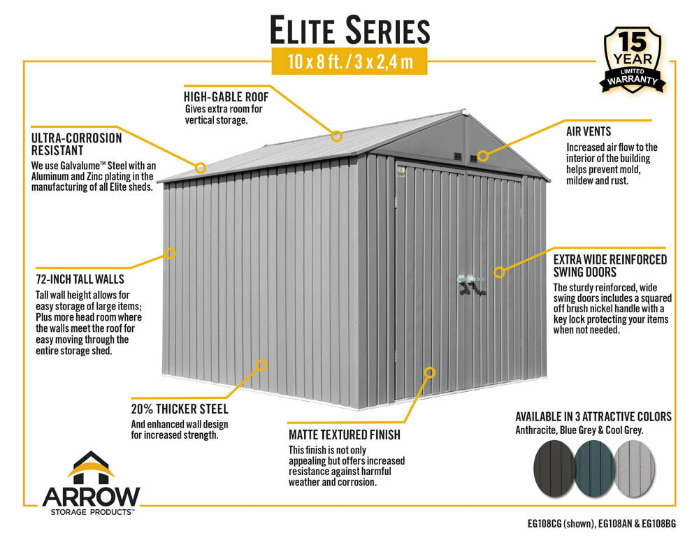 Arrow Elite Steel Storage Shed 10x8 Cool Grey