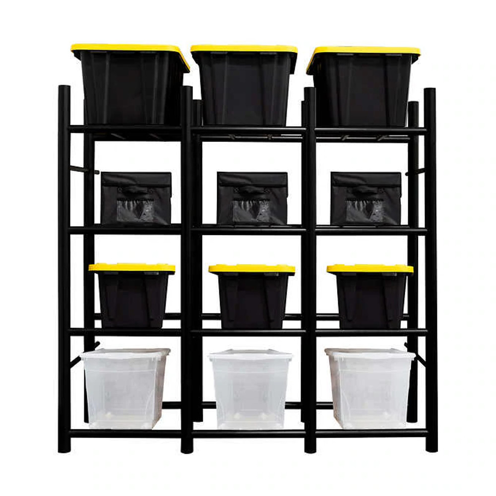 Basement storage shelves designed to perfectly fit 18-gallon bins