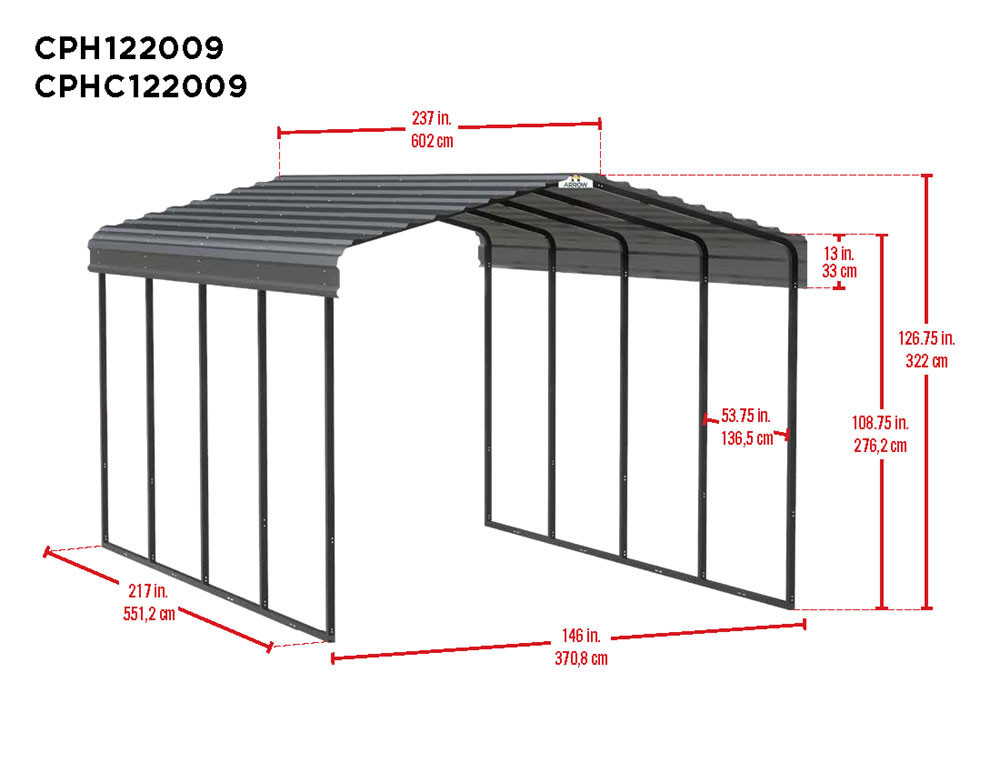 Arrow Steel Carport 12 x 20 x 9 ft. Galvanized Charcoal