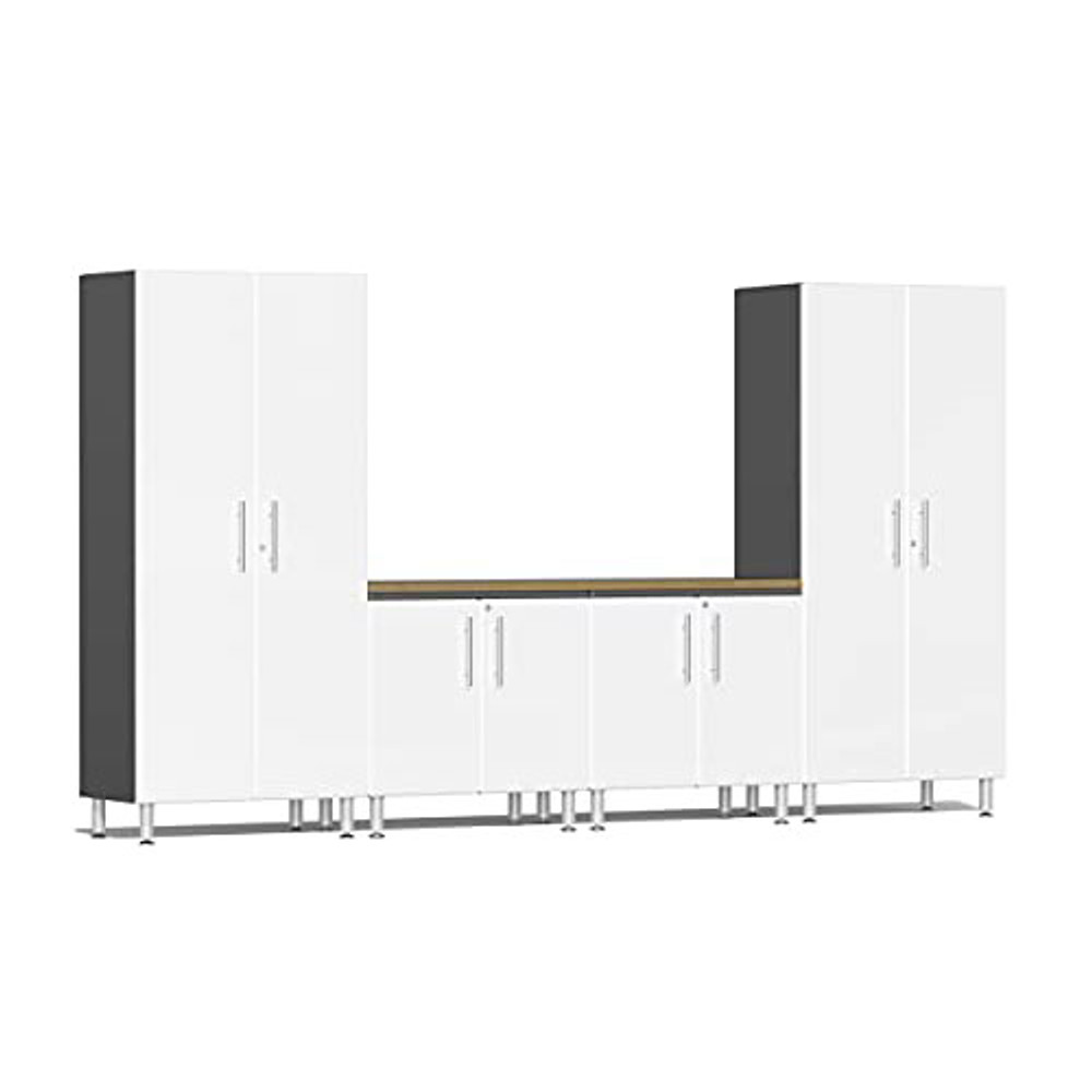 Ulti-MATE Garage 2.0 Series White Metallic 5-Piece Combo with Bamboo Worktop
