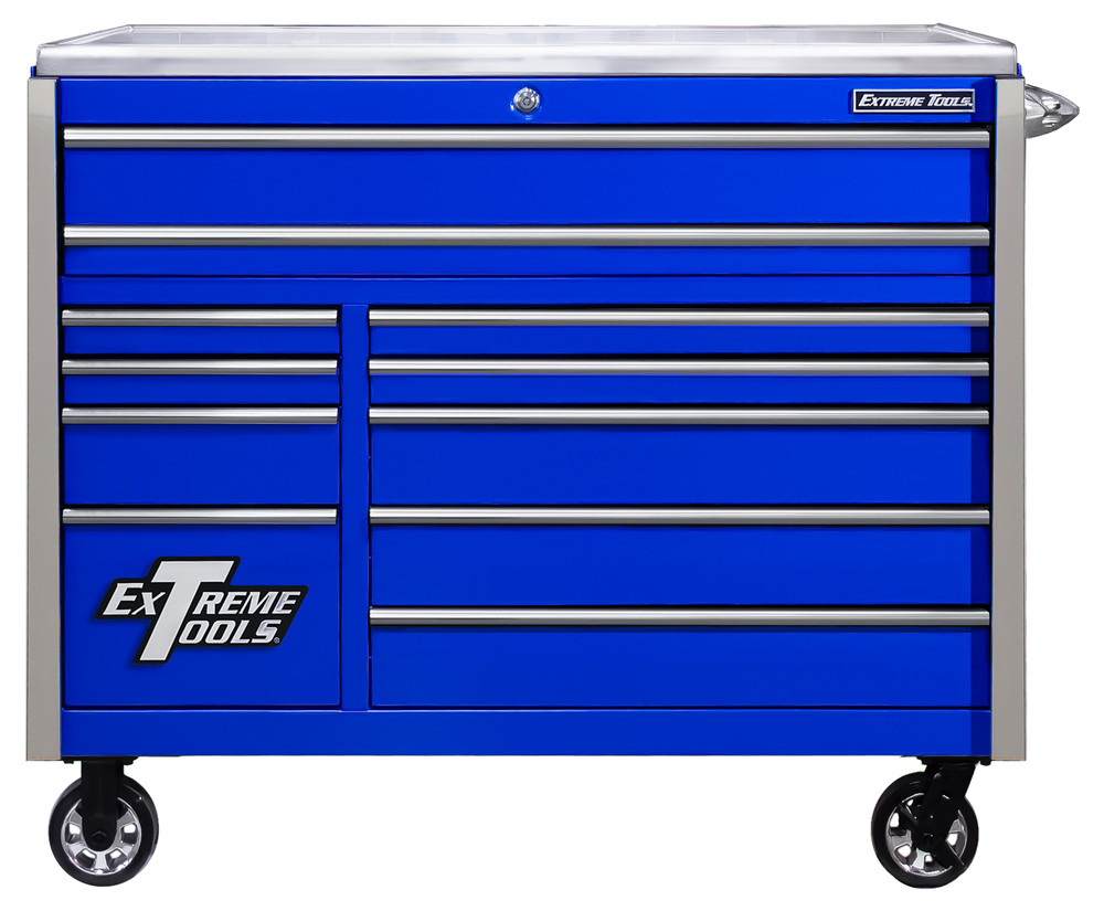 Extreme Tools EXQ Series 55" 11-Drawer Professional Roller Cabinet w/ Stainless Steel Top - Blue w/Chrome Drawer Pulls