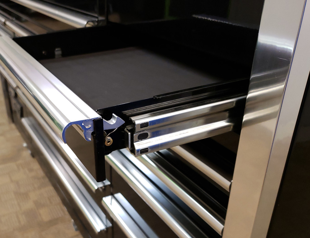 Extreme Tools EXQ Series 72" 17-Drawer Professional Triple Bank Roller - Black w/Chrome Drawer Pulls Extreme Tools EXQ Series 72" 17-Drawer Professional Triple Bank Roller - Black w/Chrome Drawer Pulls