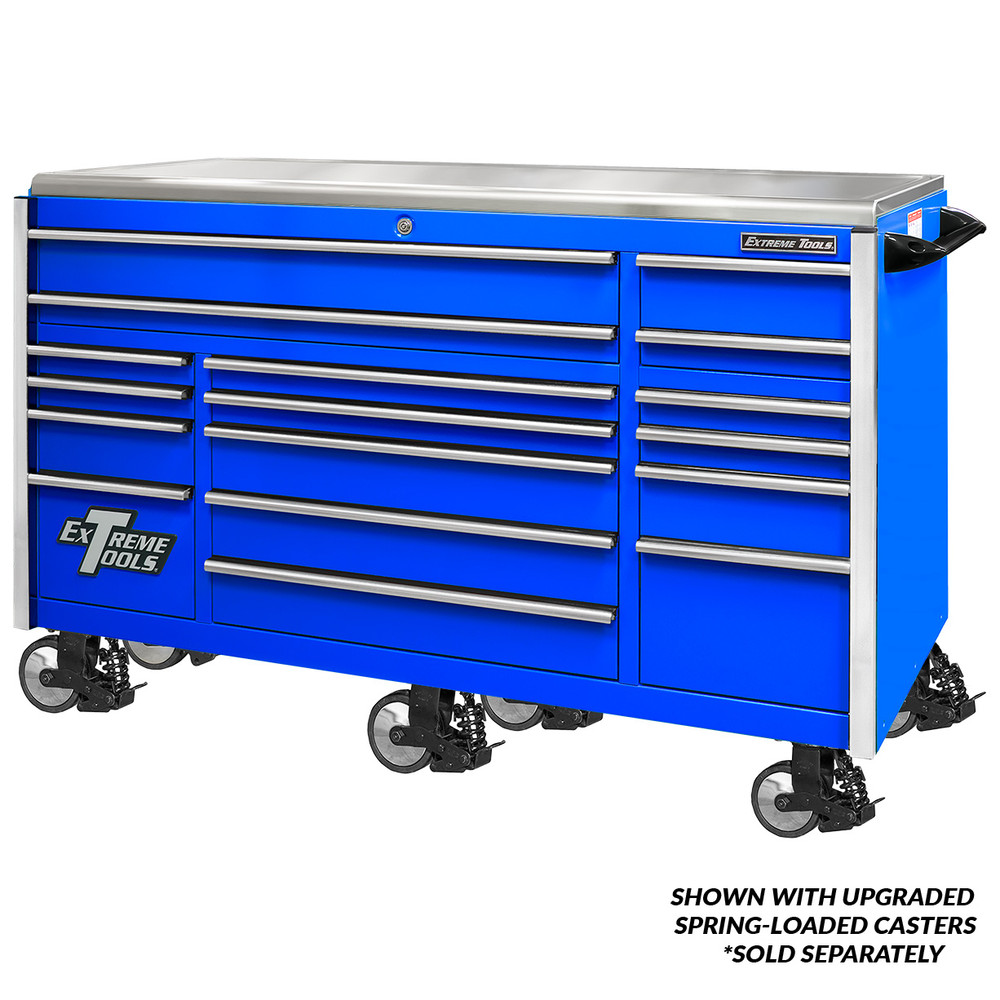 Extreme Tools EXQ Series 72" 17-Drawer Professional Triple Bank Roller - Blue w/Chrome Drawer Pulls Extreme Tools EXQ Series 72" 17-Drawer Professional Triple Bank Roller - Blue w/Chrome Drawer Pulls