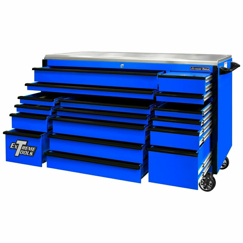 Extreme Tools EXQ Series 72" 17-Drawer Professional Triple Bank Roller and Hutch Combo - Blue w/Black Drawer Pulls Extreme Tools EXQ Series 72" 17-Drawer Professional Triple Bank Roller and Hutch Combo - Blue w/Black Drawer Pulls