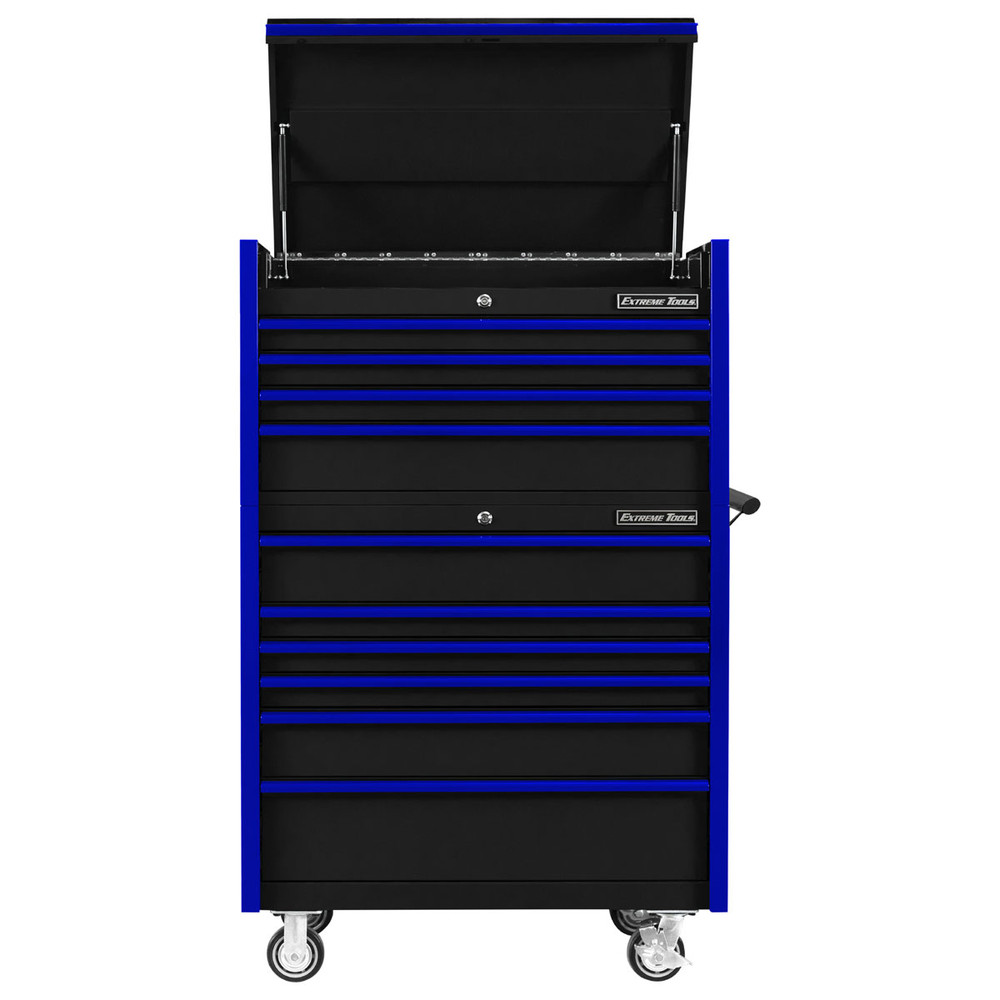 Extreme Tools 41" DX Series 4-Drawer Top Chest and 6-Drawer 25" Deep Roller Combo - Black w/Blue drawer pulls Extreme Tools 41" DX Series 4-Drawer Top Chest and 6-Drawer 25" Deep Roller Combo - Black w/Blue drawer pulls
