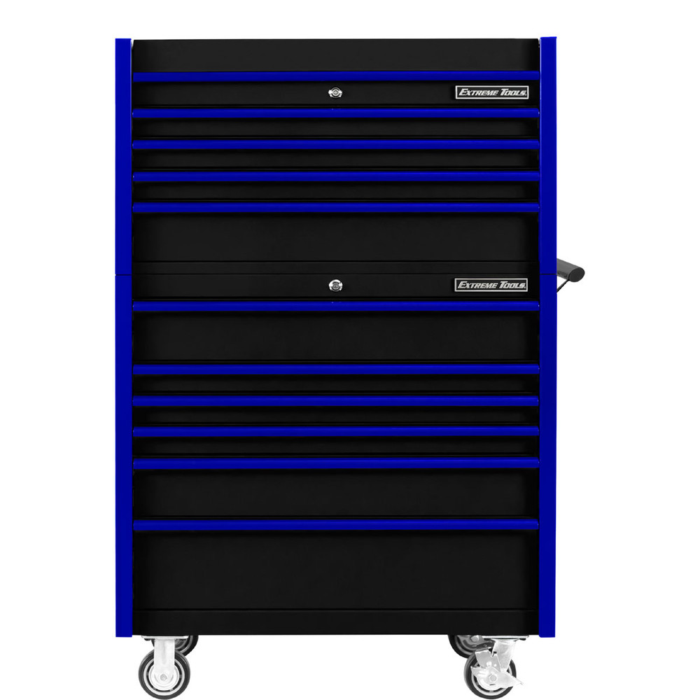 Extreme Tools 41" DX Series 4-Drawer Top Chest and 6-Drawer 25" Deep Roller Combo - Black w/Blue drawer pulls Extreme Tools 41" DX Series 4-Drawer Top Chest and 6-Drawer 25" Deep Roller Combo - Black w/Blue drawer pulls