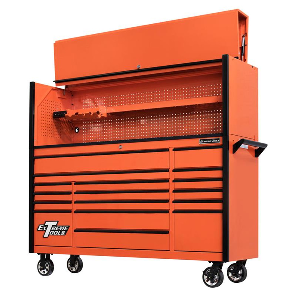 Extreme Tools 72" DX Series 17-Drawer 21" Deep Roller Cabinet w/Hutch - Orange w/Black Drawer Pulls Extreme Tools 72" DX Series 17-Drawer 21" Deep Roller Cabinet w/Hutch - Orange w/Black Drawer Pulls