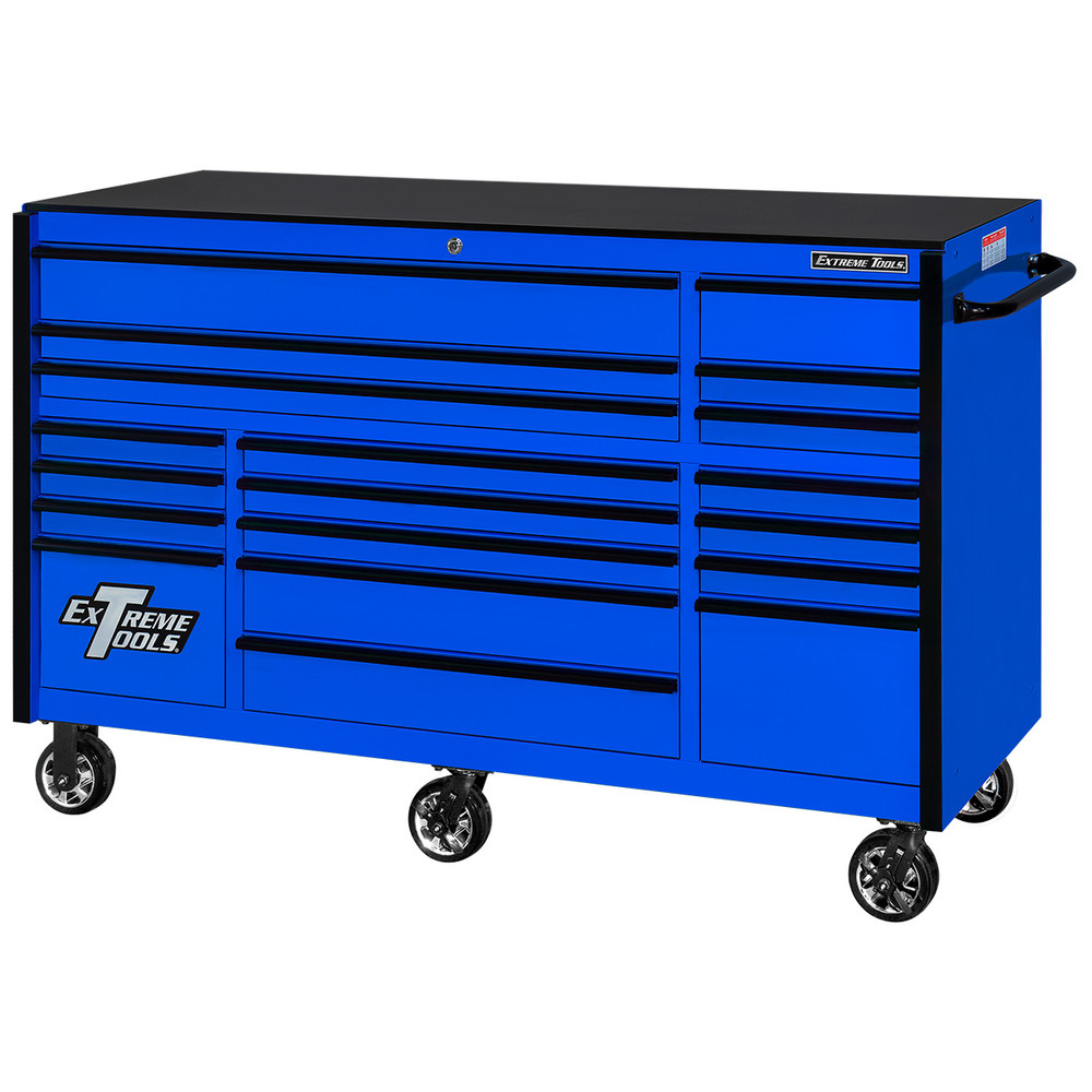 Extreme Tools 72" RX Series 19-Drawer 25" Deep Roller Cabinet, 150 lb Slides - Blue w/Black Handles