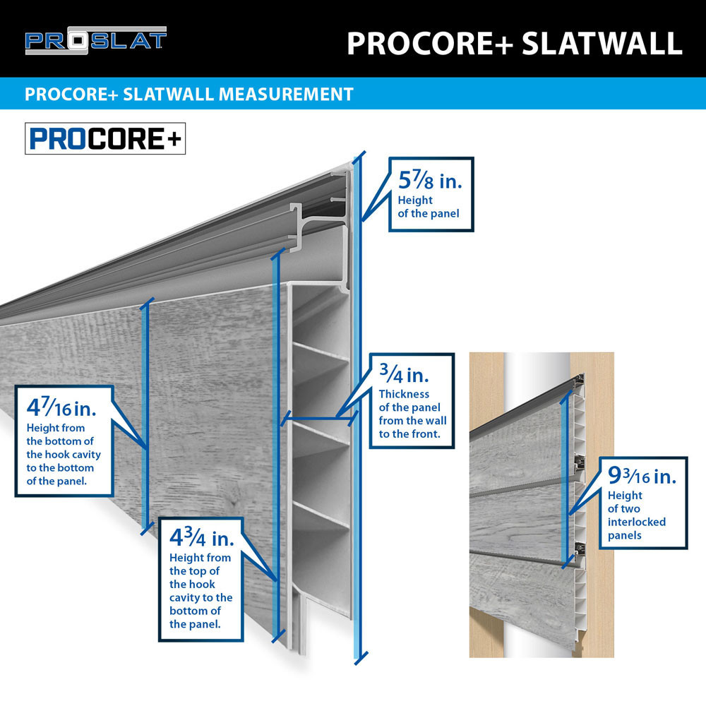 Proslat 8 ft. x 4 ft. PROCORE+ PVC Slatwall (2 Pack) 64 sq ft - Gray Wood Proslat 8 ft. x 4 ft. PROCORE+ PVC Slatwall (2 Pack) 64 sq ft - Gray Wood