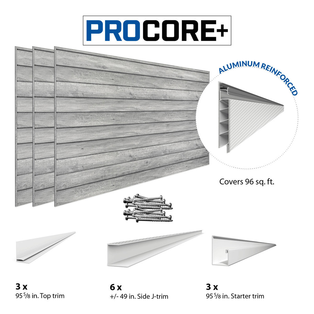 Proslat 8 ft. x 4 ft. PROCORE+ PVC Slatwall (3 Pack) 96 sq ft - Gray Wood Proslat 8 ft. x 4 ft. PROCORE+ PVC Slatwall (3 Pack) 96 sq ft - Gray Wood