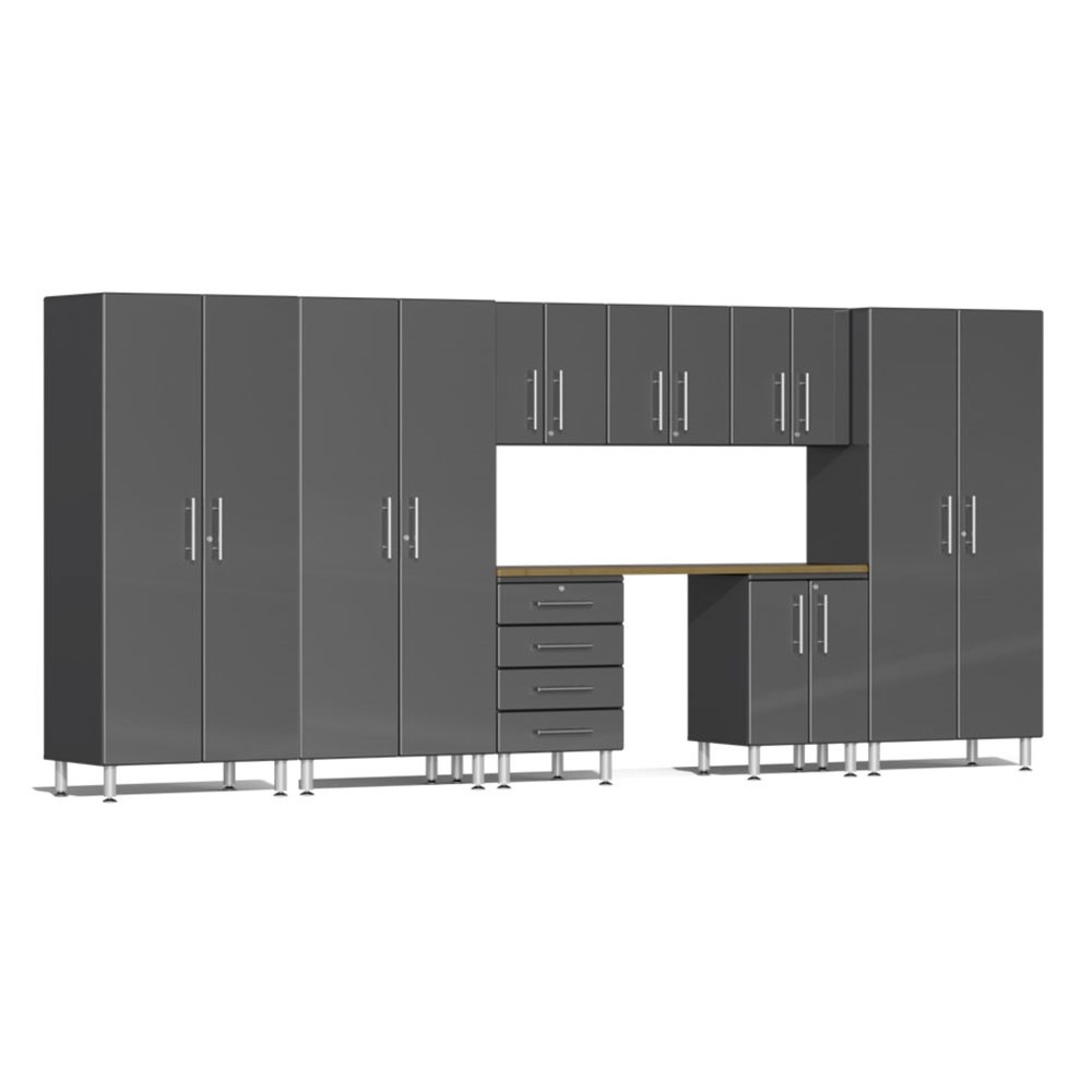 Ulti-MATE Garage 2.0 Series Grey Metallic 9-Piece Cabinet Set with Bamboo Worktop
