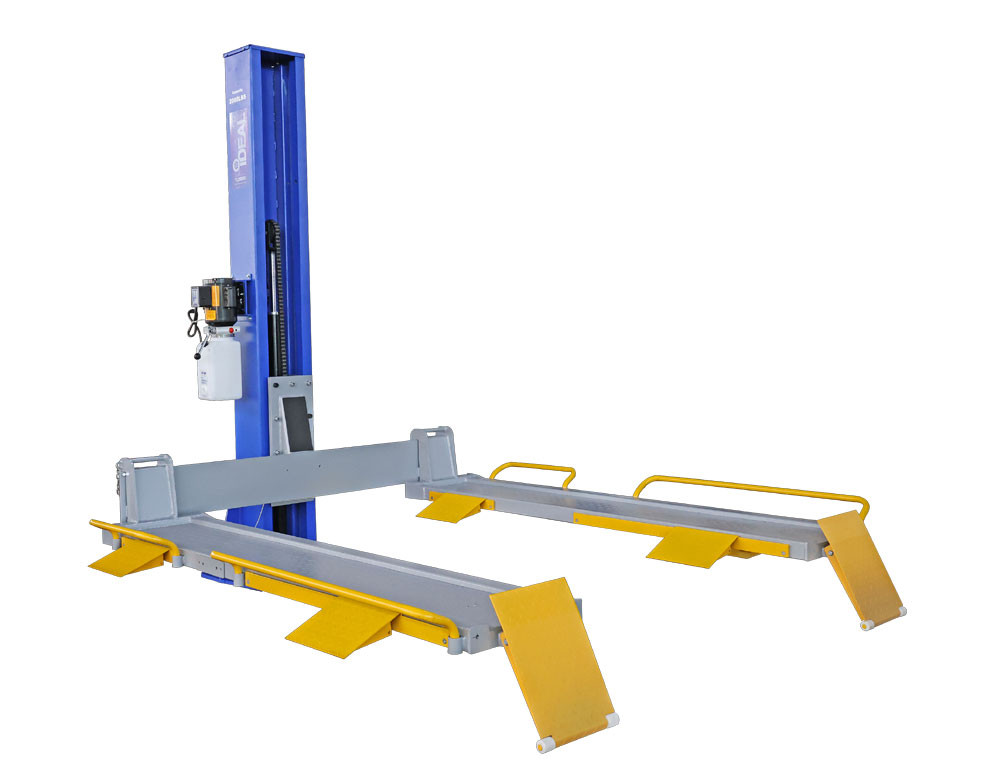 Side view of iDeal SC‑2K‑UTV‑X single column lift showing adjustable platform and front/side loading