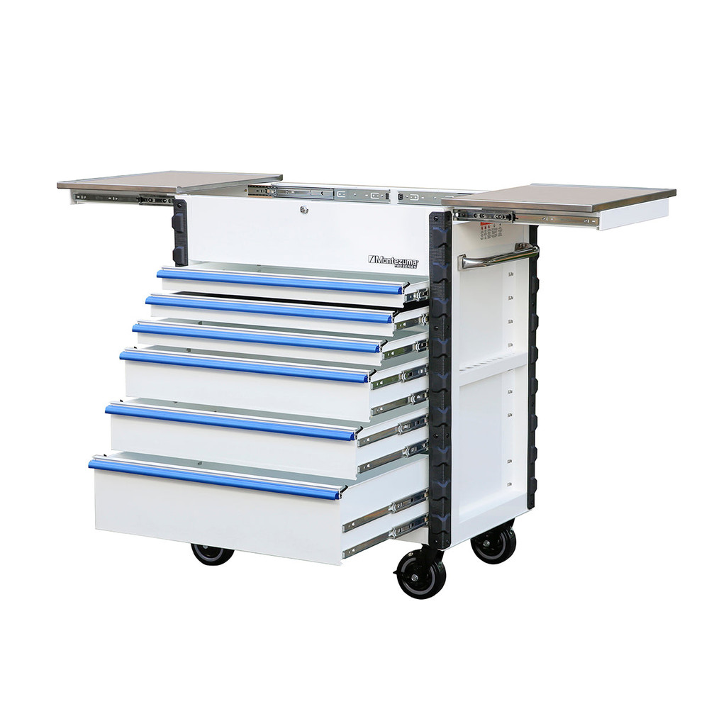 Montezuma Pro Series 36" Mechanics Cart - Gloss White w/Blue trim Montezuma Pro Series 36" Mechanics Cart - Gloss White w/Blue trim