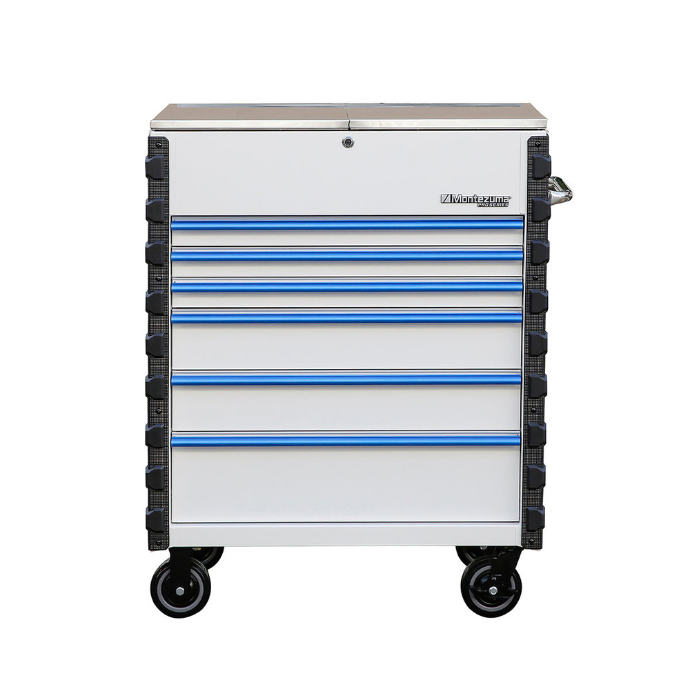 Montezuma Pro Series 36" Mechanics Cart - Gloss White w/Blue trim Montezuma Pro Series 36" Mechanics Cart - Gloss White w/Blue trim