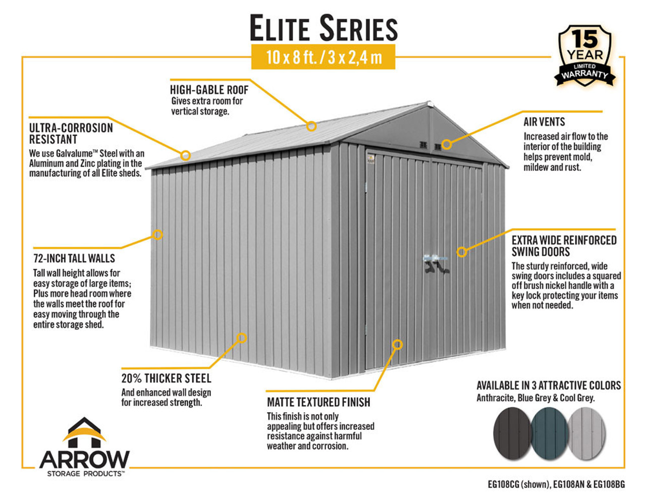 Arrow Elite Steel Storage Shed 10x8 Galvalume 7370