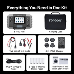 Topdon BT600 Plus kit with the tester, cables, and carrying case