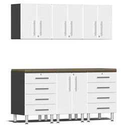 Ulti-MATE Garage 2.0 Series White Metallic 7-Piece Kit with Bamboo Worktop