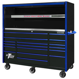 Extreme Tools EXQ Series 72" 17-Drawer Professional Triple Bank Roller and Hutch Combo - Black w/Blue Drawer Pulls Extreme Tools EXQ Series 72" 17-Drawer Professional Triple Bank Roller and Hutch Combo - Black w/Blue Drawer Pulls