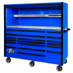 Extreme Tools EXQ Series 72" 17-Drawer Professional Triple Bank Roller and Hutch Combo - Blue w/Black Drawer Pulls Extreme Tools EXQ Series 72" 17-Drawer Professional Triple Bank Roller and Hutch Combo - Blue w/Black Drawer Pulls