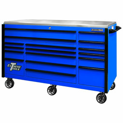Extreme Tools EXQ Series 72" 17-Drawer Professional Triple Bank Roller and Hutch Combo - Blue w/Black Drawer Pulls Extreme Tools EXQ Series 72" 17-Drawer Professional Triple Bank Roller and Hutch Combo - Blue w/Black Drawer Pulls