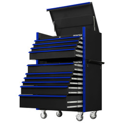 Extreme Tools 41" DX Series 4-Drawer Top Chest and 6-Drawer 25" Deep Roller Combo - Black w/Blue drawer pulls Extreme Tools 41" DX Series 4-Drawer Top Chest and 6-Drawer 25" Deep Roller Combo - Black w/Blue drawer pulls