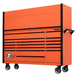 Extreme Tools 72" DX Series 17-Drawer 21" Deep Roller Cabinet w/Hutch - Orange w/Black Drawer Pulls Extreme Tools 72" DX Series 17-Drawer 21" Deep Roller Cabinet w/Hutch - Orange w/Black Drawer Pulls