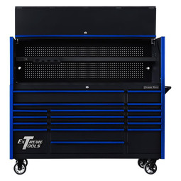 Extreme Tools 72" DX Series 17-Drawer 21" Deep Roller Cabinet w/Hutch - Black w/Blue Drawer Pulls Extreme Tools 72" DX Series 17-Drawer 21" Deep Roller Cabinet w/Hutch - Black w/Blue Drawer Pulls
