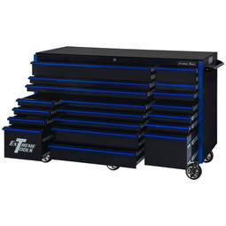 Extreme Tools 72" RX Series 19-Drawer 30" Deep Roller Cabinet - Black w/Blue Drawer Pulls