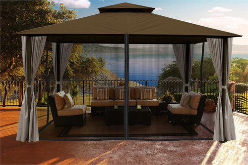 Paragon Outdoor Kingsbury 11x14 Gazebo with Cocoa Sunbrella Top, Mosquito Netting, Privacy Curtains