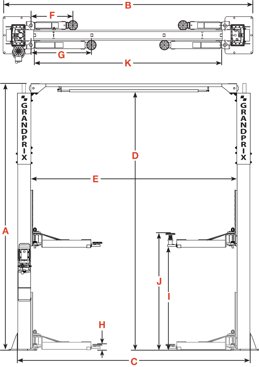 GrandPrix GP-10C Two-Post Lift Specifications Line Diagram