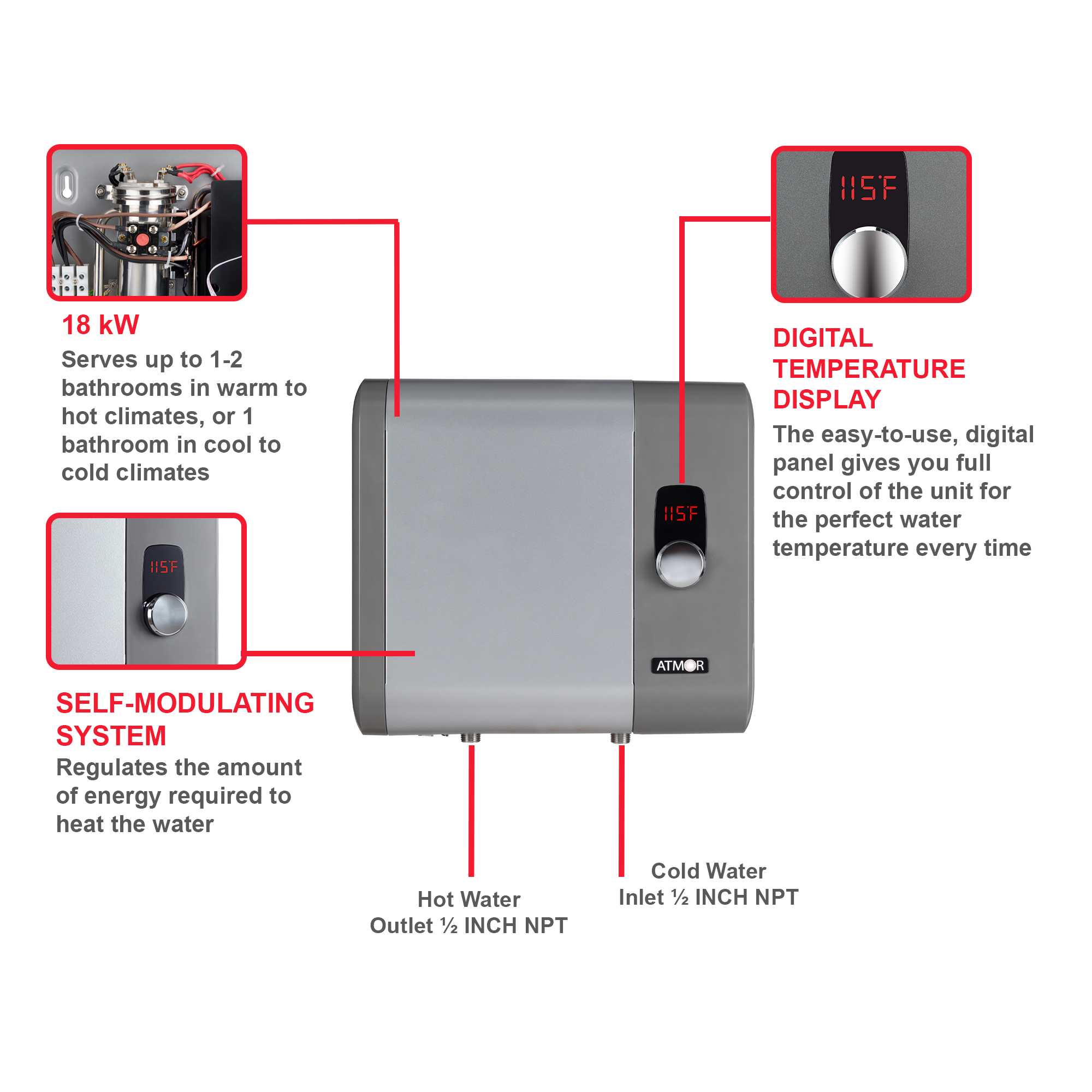 Tankless Water Heater Electric 18KW 240 Volt, on Demand Instant Endless Hot Water Heater, Digital Temperature Display Easy Installation, for