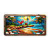 Sunlit Lighthouse license plate featuring palm trees, seashells, red-roofed cottage, and radiant seaside sunrise in rustic artwork.