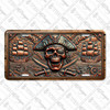 Pirate Skull license plate featuring skull with crossed swords and stormy ship battle scene in rustic copper and bronze embossed-look artwork on aluminum.