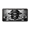 Pirate Skull license plate featuring black and silver monochrome skull with tricorn hat, ghostly sailing ships, and stormy seas in rustic embossed-look design on aluminum.