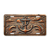 Anchor license plate featuring rustic copper rope-wrapped anchor with crashing waves and radiant sunset sky in embossed-look design on aluminum.