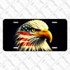 Bald eagle license plate featuring an eagle portrait with American flag pattern across feathers on a dark background in embossed-look artwork