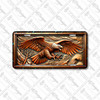 Rustic wooden carved eagle license plate featuring an eagle in relief-style design with talons extended in a forest scene.