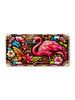 Flamingo license plate featuring stained-glass floral design with vibrant pink flamingo and colorful tropical flowers.