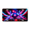 Neon hummingbirds license plate featuring mirrored glowing birds in pink, blue, and purple neon tones with cosmic starburst background.