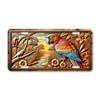 Parrot license plate featuring embossed metal relief look artwork with vibrant parrot, palm trees, and tropical jungle flowers.