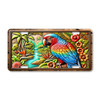 Parrot license plate featuring embossed metal relief look artwork with rainbow-colored parrot, jungle flowers, palm trees, and a waterfall.