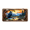 Rustic blue owl license plate with mountain sunset background, pine forest, and carved-wood style frame on aluminum.