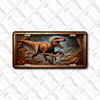 Velociraptor dinosaur license plate featuring jungle scene with tangled roots, ferns, and embossed-look artwork on aluminum.