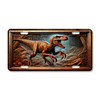 Velociraptor dinosaur license plate featuring jungle scene with tangled roots, ferns, and embossed-look artwork on aluminum.