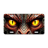 Dragon Eyes license plate featuring glowing golden reptilian eyes framed by textured red and gray scales in a rustic embossed-look design.