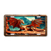 Red Dragon license plate featuring a fiery winged dragon resting on rocky cliffs with a mountain backdrop in rustic embossed-look design.