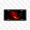Red Fire Dragon license plate featuring a snarling crimson dragon head with glowing ember eyes and flames erupting from its jaws in rustic fantasy artwork.