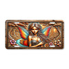 Forest Fairy license plate featuring a fairy maiden with radiant orange and turquoise wings, flowing hair, and woodland forest background in rustic embossed-look design.