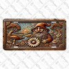 Sunrise Gnome license plate featuring copper-toned gnome holding a daisy with sunrise, river, trees, mushrooms, and flowers in rustic embossed-look style.